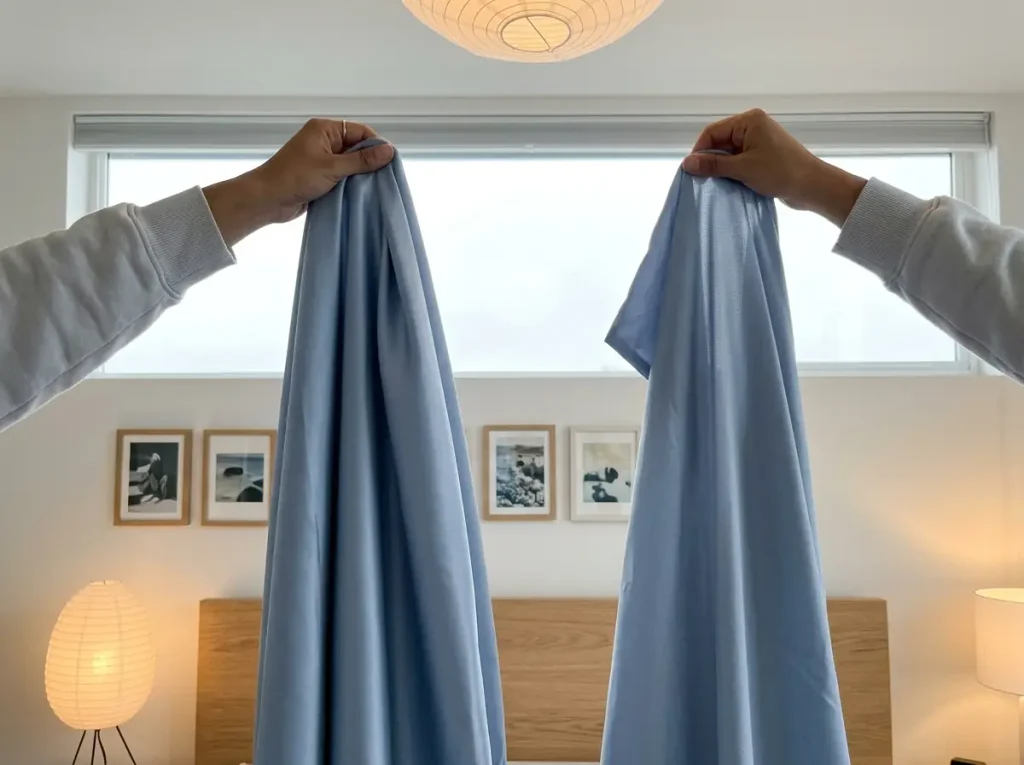 Two hands holding a heavy mulberry silk pillowcase beside a thin polyester satin one against a bright window