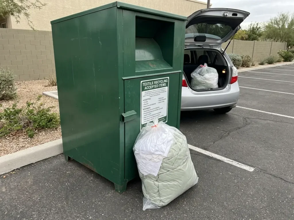 Steel textile collection bin outside in daylight with a bagged bundle of bedding beside it