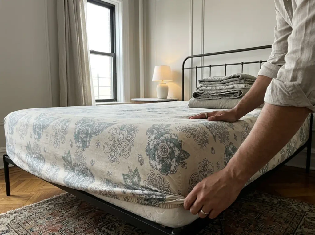 Hands pulling a crisp percale fitted sheet over a mattress corner for warm-weather bedding