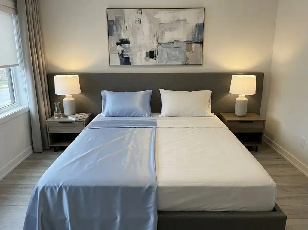 One side of a bed made up in silk and the other in matte cotton, the sheen difference visible down the middle