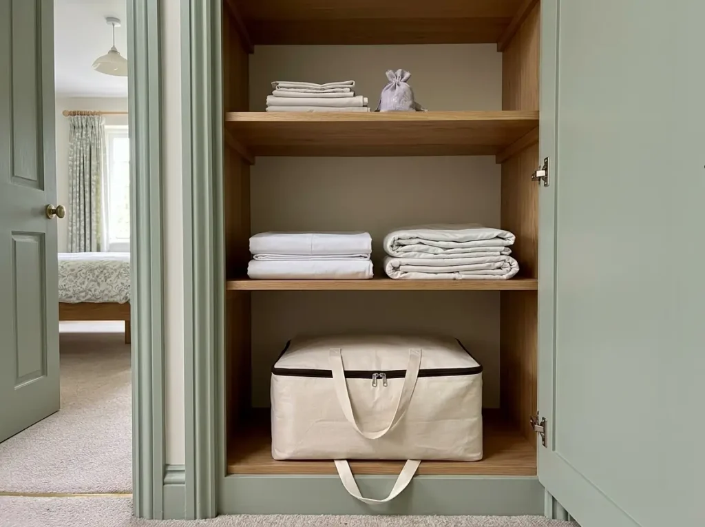 An open linen cupboard with folded spare sheets and a cotton storage bag holding a demoted set