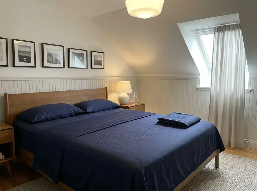 A lyocell sateen sheet set laid across the bed with the dormer curtain fabric in the same frame