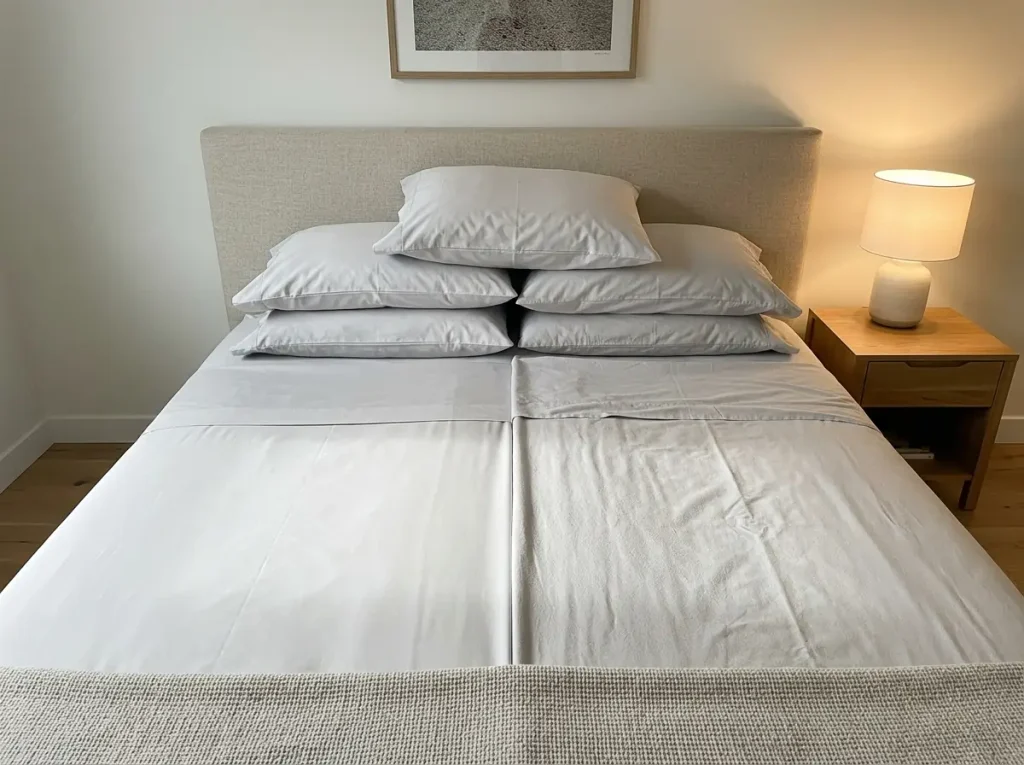Two cotton fabrics laid edge to edge on a bed, one smooth long-staple percale, one fuzzier