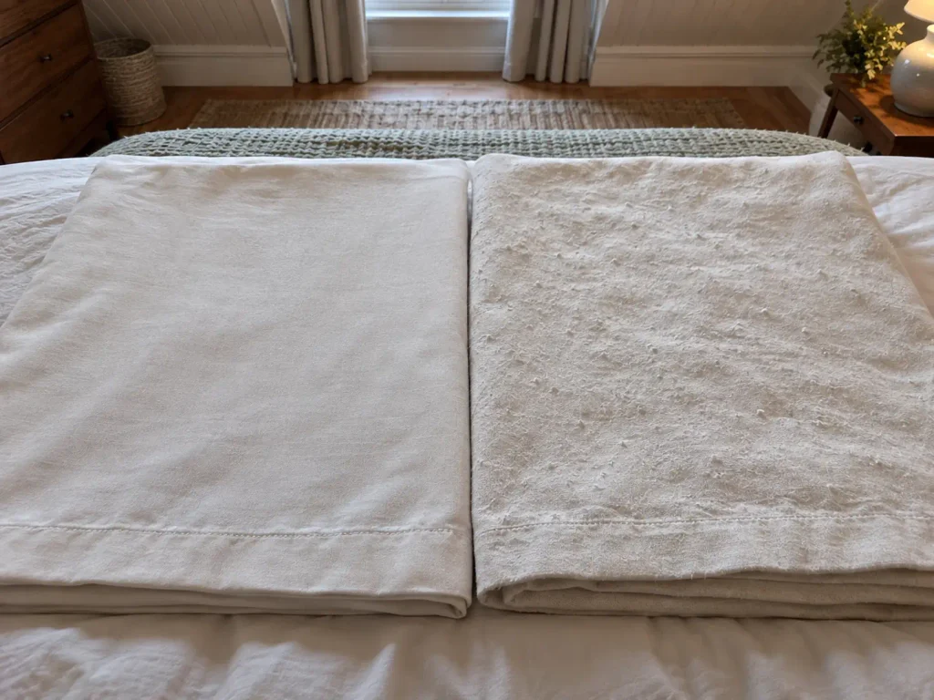 Two cotton sheets side by side, one smooth and one fuzzy, showing the difference staple length makes