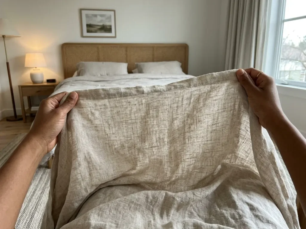 A folded linen sheet held across the knees so the fabric weight shows against the light