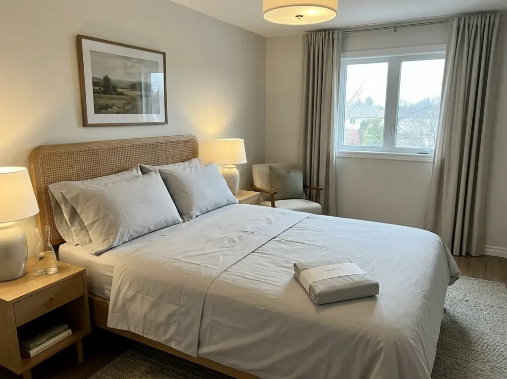 A Supima cotton percale sheet set opened out on a guest bed with its packaging card beside it