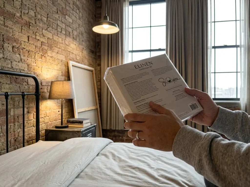 Hands turning a sheet set package over under a lamp to look for the ply on the construction details