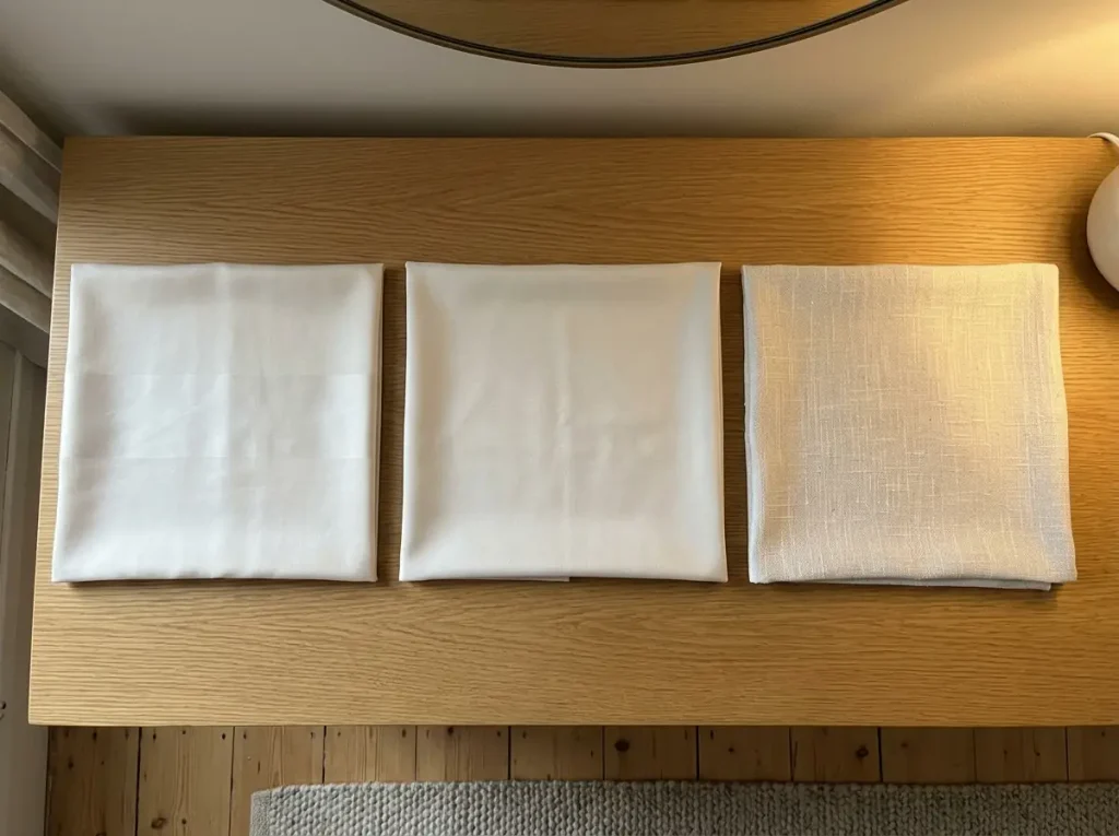 Three bamboo fabric swatches laid in a row on a dresser, sateen viscose, lyocell and a linen-like weave