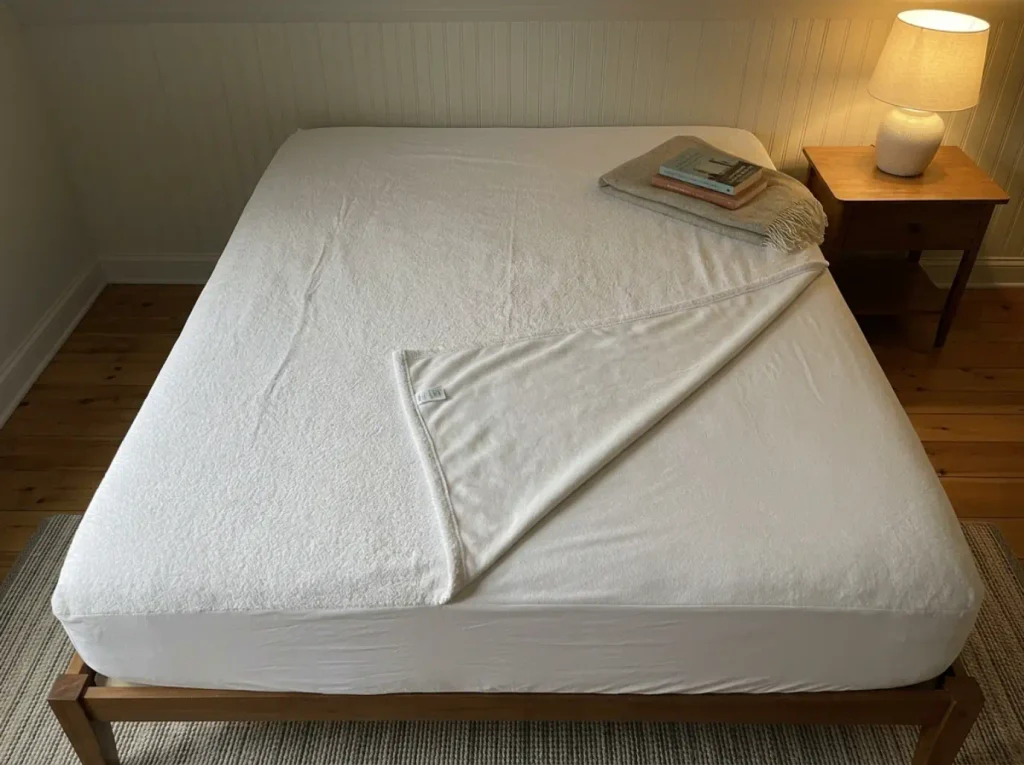 Cotton terry mattress protector folded back to show its membrane backing beside the terry face