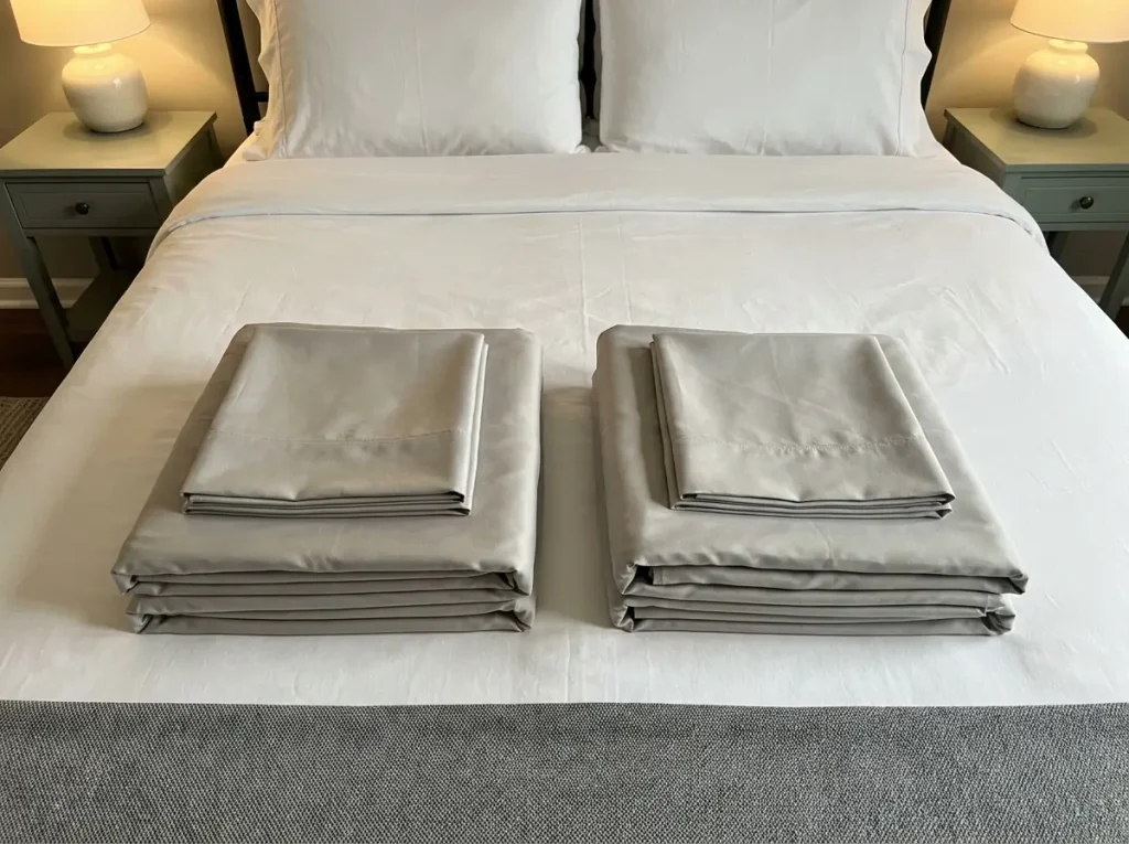 Two folded lyocell sheet sets side by side on a made bed, identical in fabric