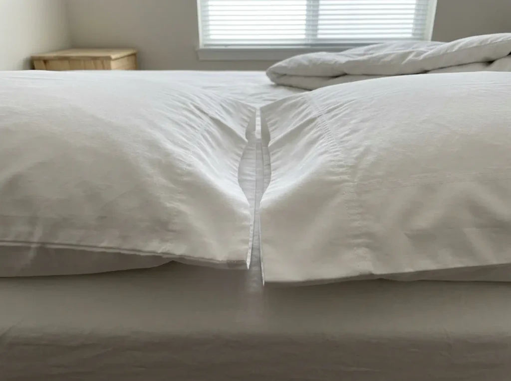 Two percale pillowcase hems laid edge to edge, one double-turned and one single-turned, on a bed