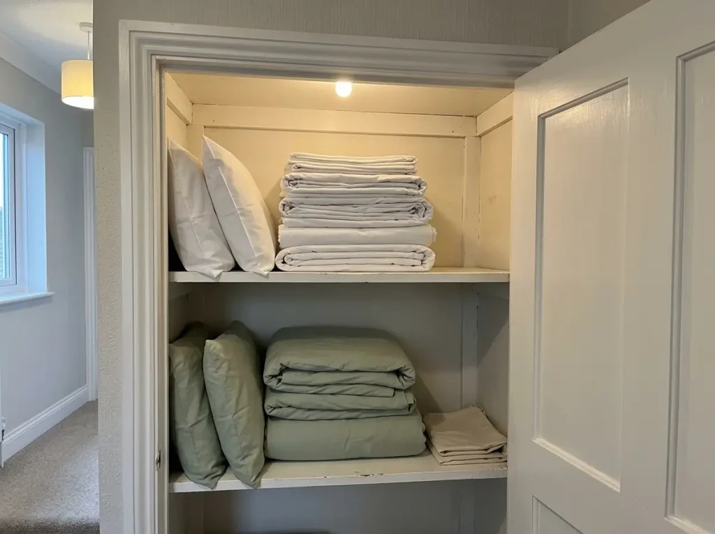 Open linen cupboard with two folded sheet sets on separate shelves, kept in rotation
