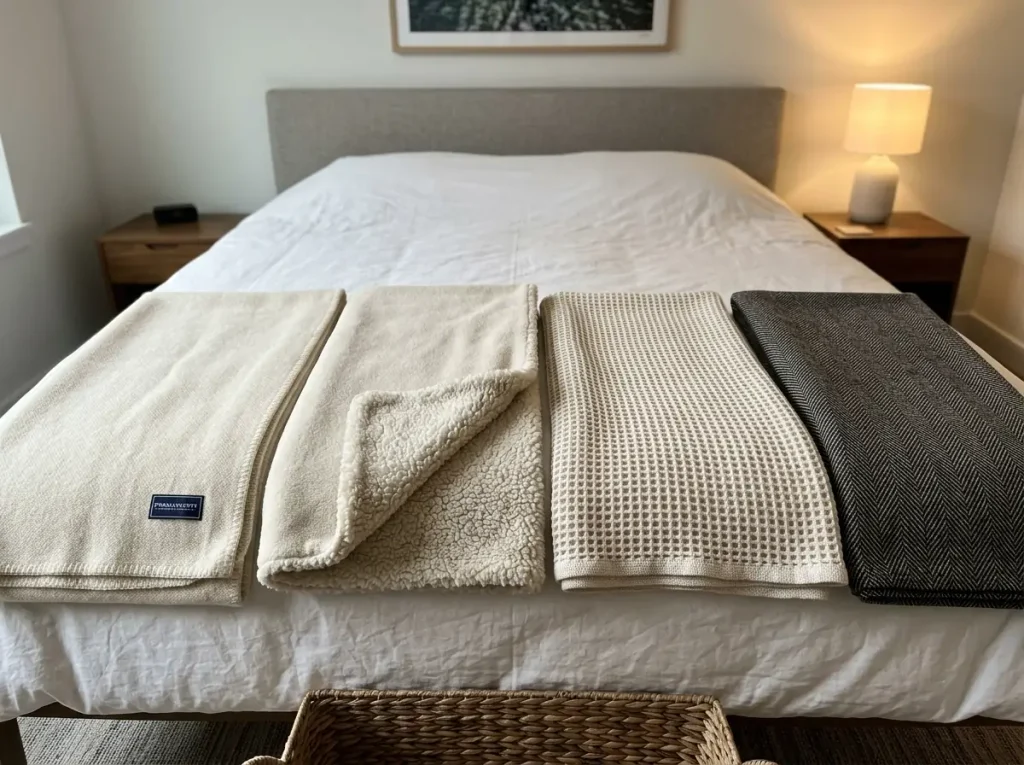 Four warm blankets in wool, sherpa fleece and cotton laid in a row across a bed to compare them
