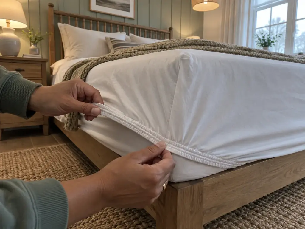 Fingers stretching the elastic casing at the corner of a fitted sheet to test whether it snaps back