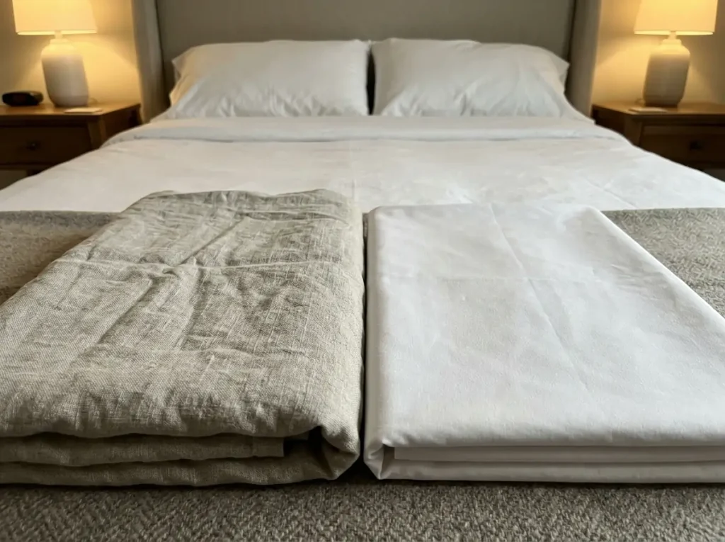 Folded linen and cotton percale sheets side by side showing the difference in weave and texture