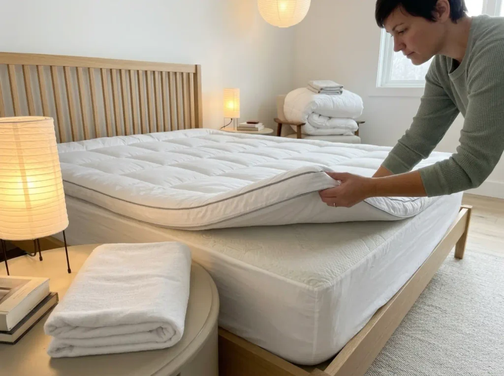 A quilted mattress topper going on before the protector, with the sheet and duvet waiting folded