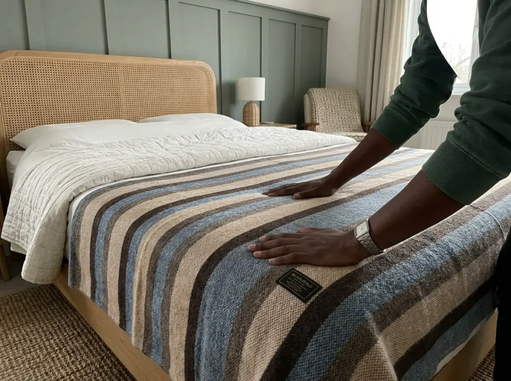 A wool blanket being smoothed under a turned-back quilt to rebuild the trapped air layer
