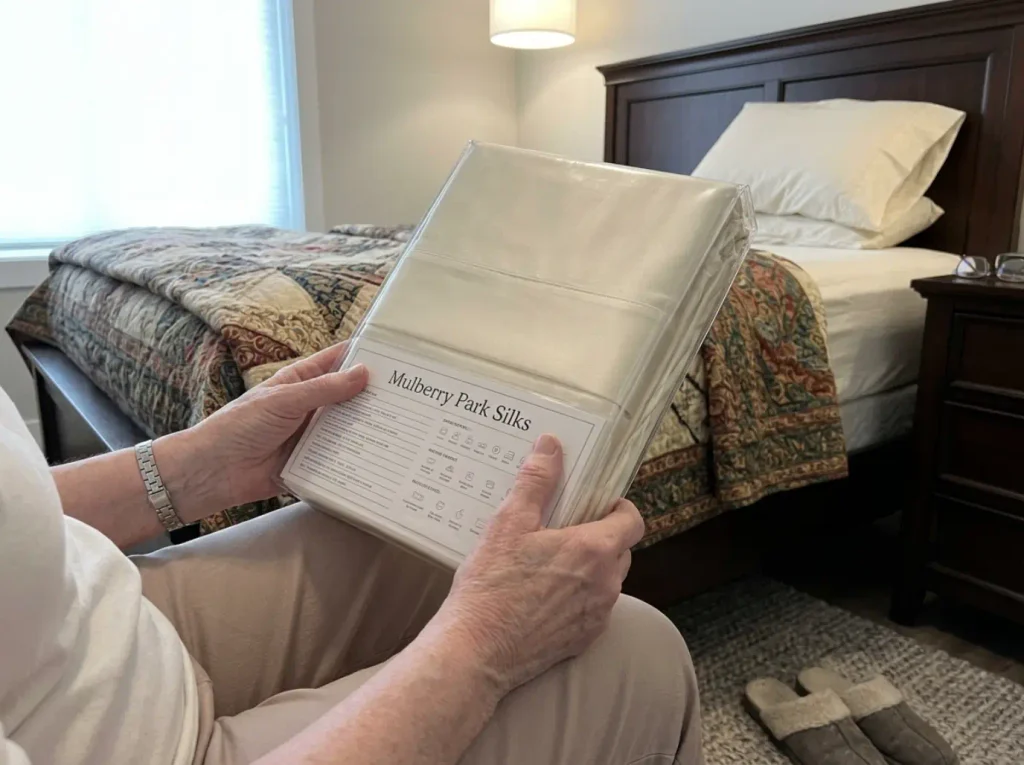 Hands holding a mulberry silk sheet set package on the edge of a bed, checking the spec panel