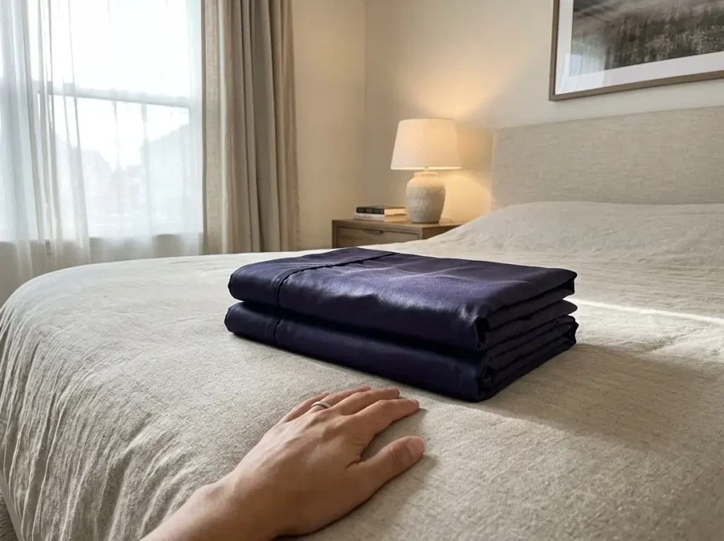A folded bamboo lyocell sheet set resting on the end of a made bed beside a hand and a phone