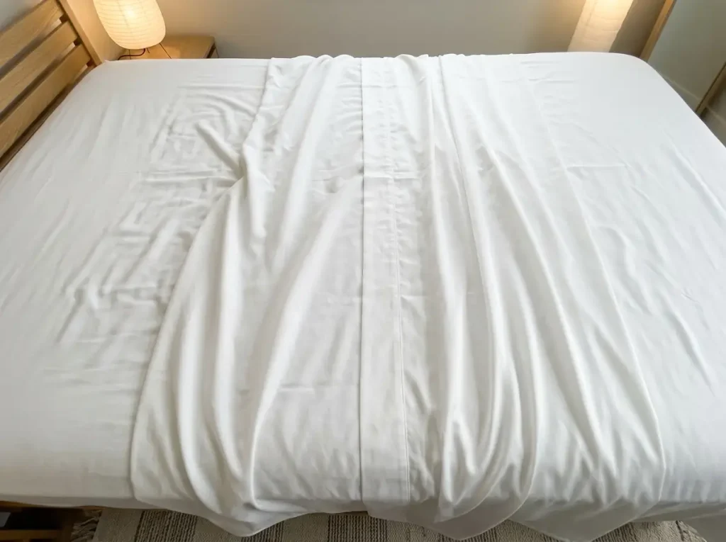 Overhead view of a bamboo lyocell sheet and a bamboo viscose sheet laid side by side on one bed