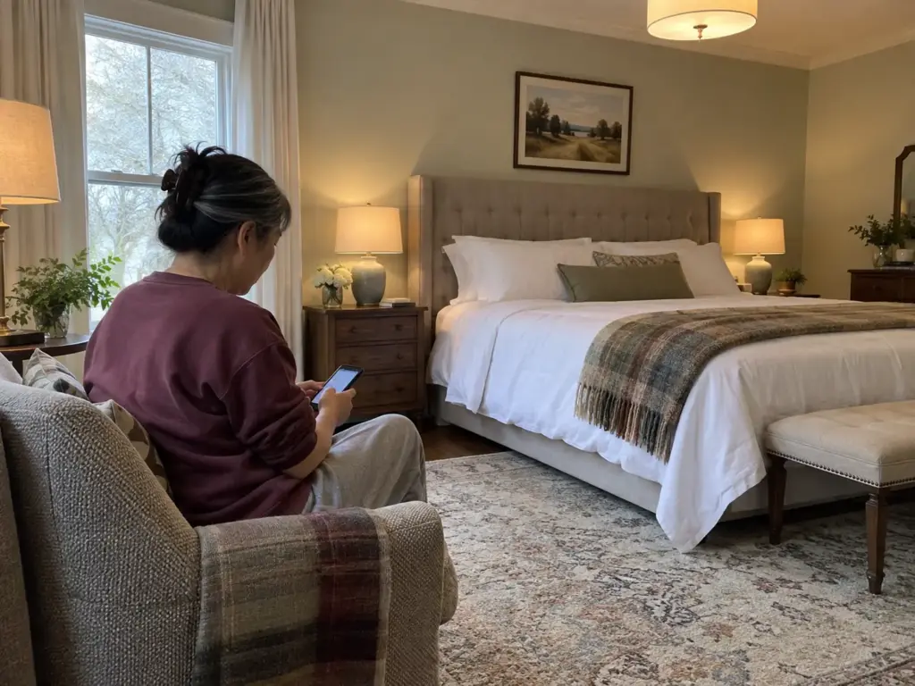Woman sitting in a bedroom armchair with a phone, the remade bed waiting behind her