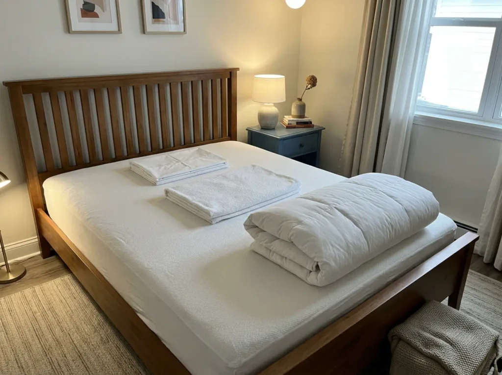 Three bedding layers laid out in a row down a stripped twin XL mattress for a three-night test