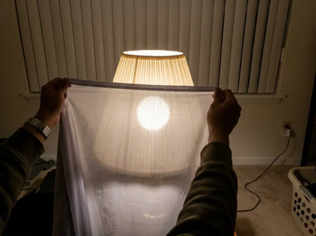 A thin polyester microfiber sheet held up against a lit lamp, light passing straight through