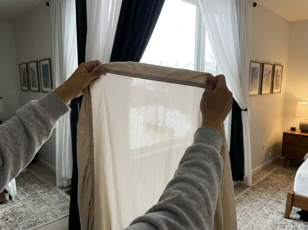 Hands holding a worn bamboo sheet up to a bright window, the thinned panel showing through against the light