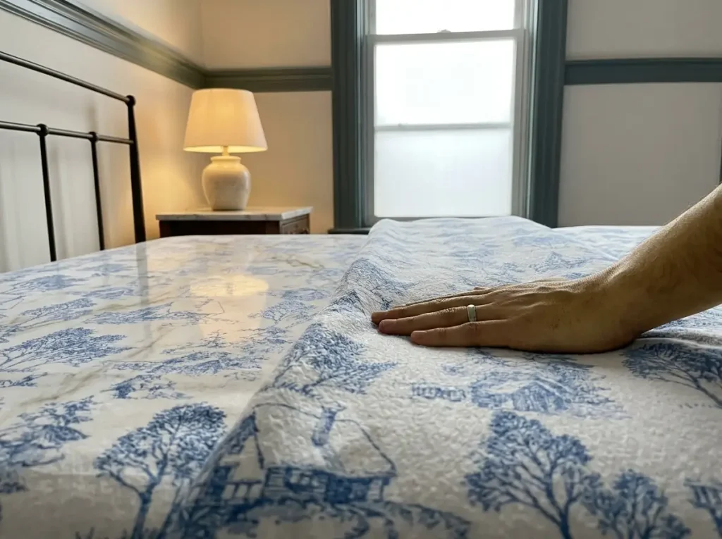 A hand running across the raised nap of a brushed cotton flannel sheet, the weave catching low lamplight