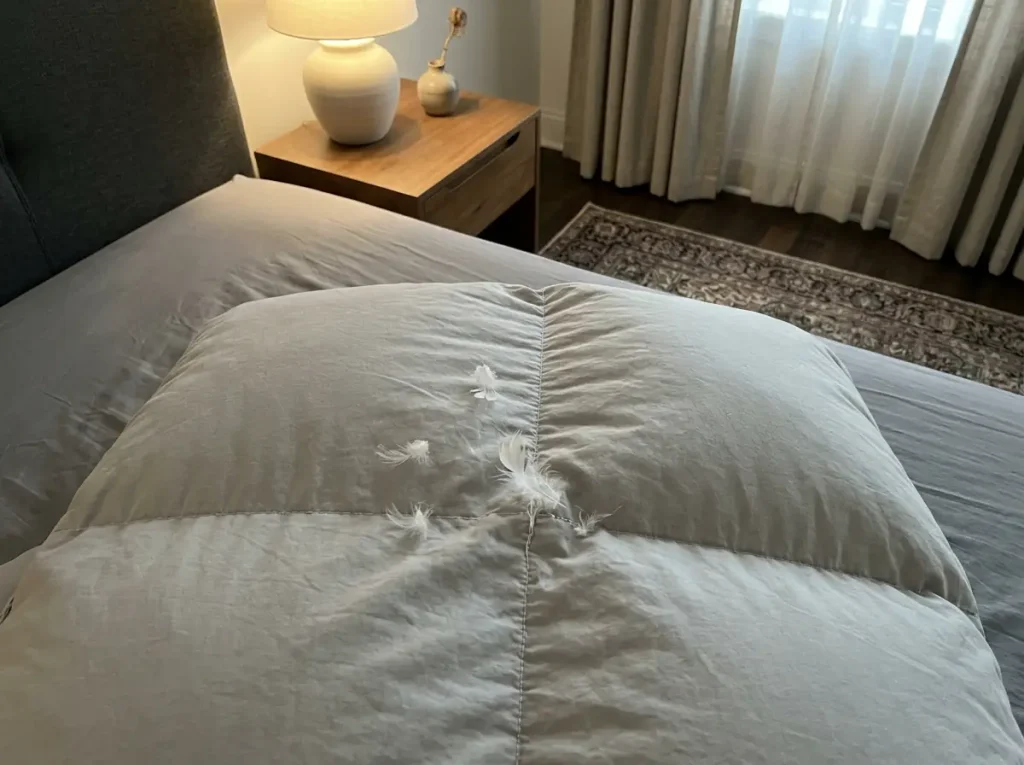 A close view of a comforter seam with a few feathers working through the stitching and the baffle wall visible