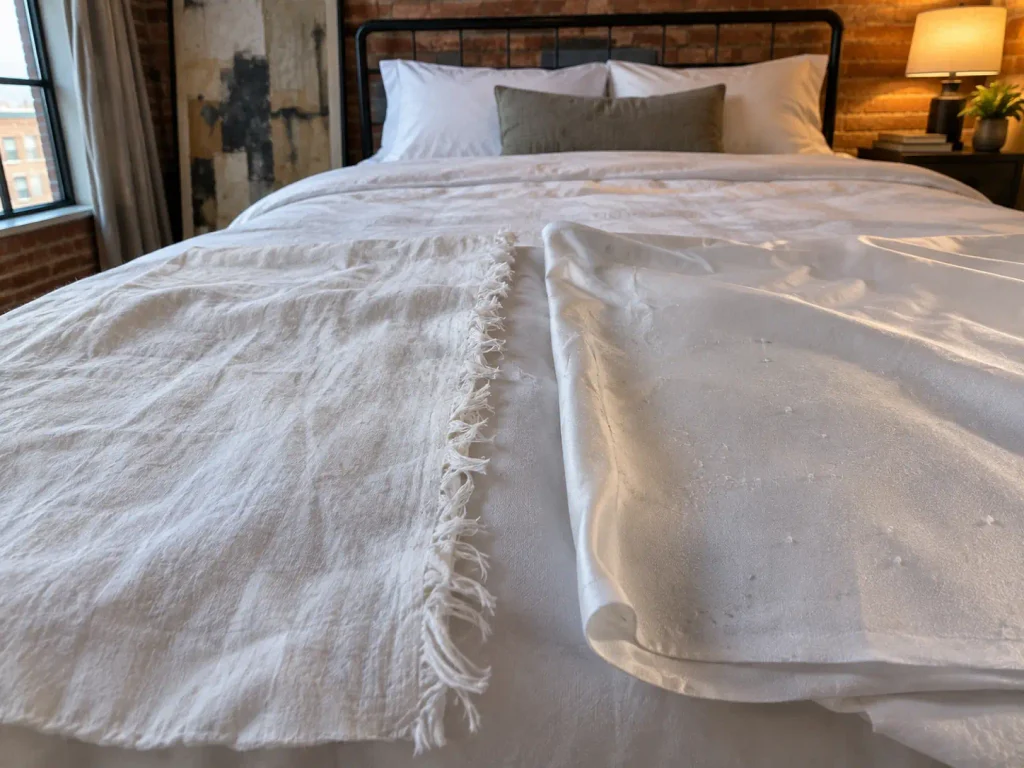Two old sheets side by side on a bed, worn cotton with a frayed torn edge next to curling polyester