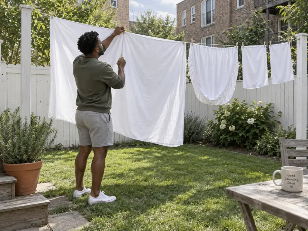 A man hanging freshly washed white sheets on a clothesline in the sun to dry and lift the last of the dingy yellow