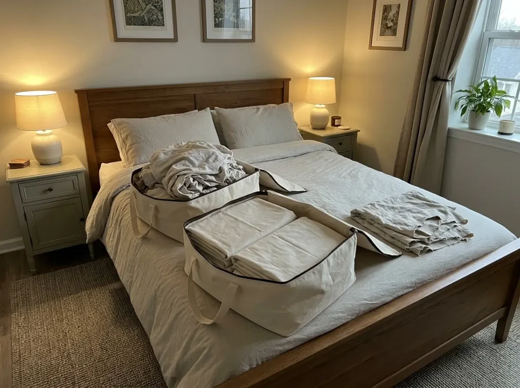 Two cotton storage bags open on a bed with folded sheets packed into them for separate donations