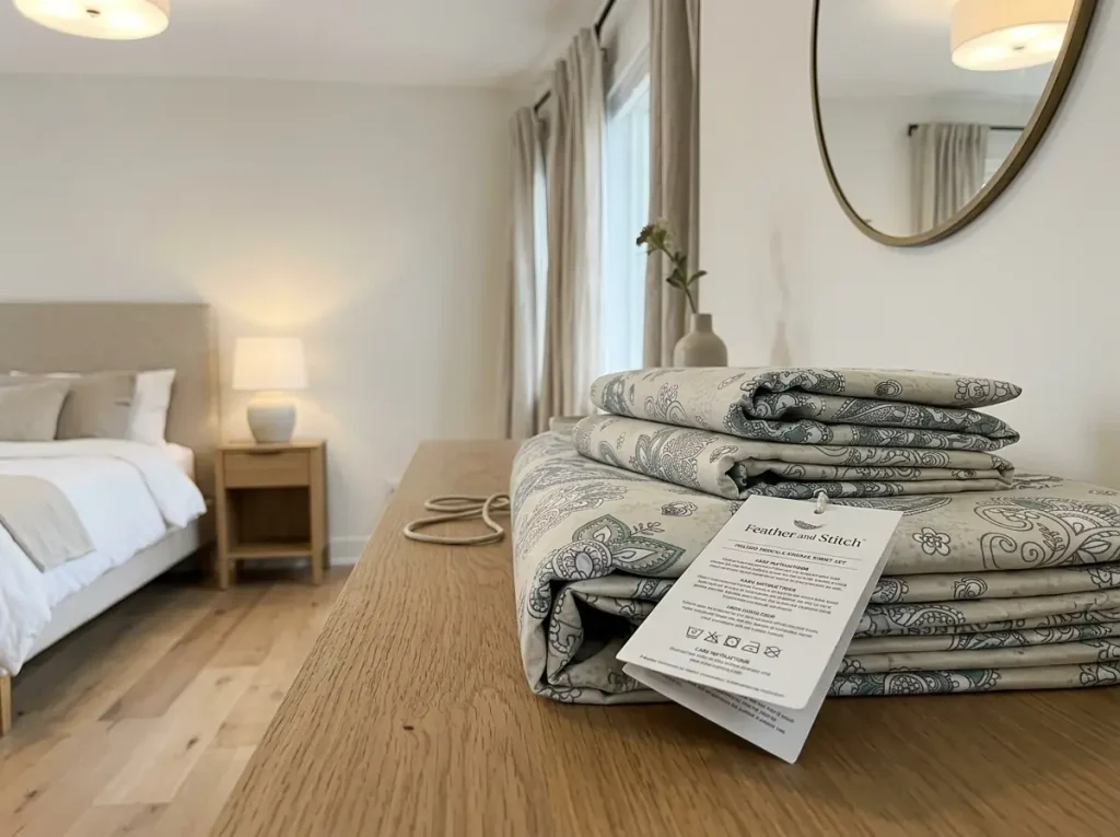 A folded cotton sheet set on a dresser with its paper hangtag turned face up beside it