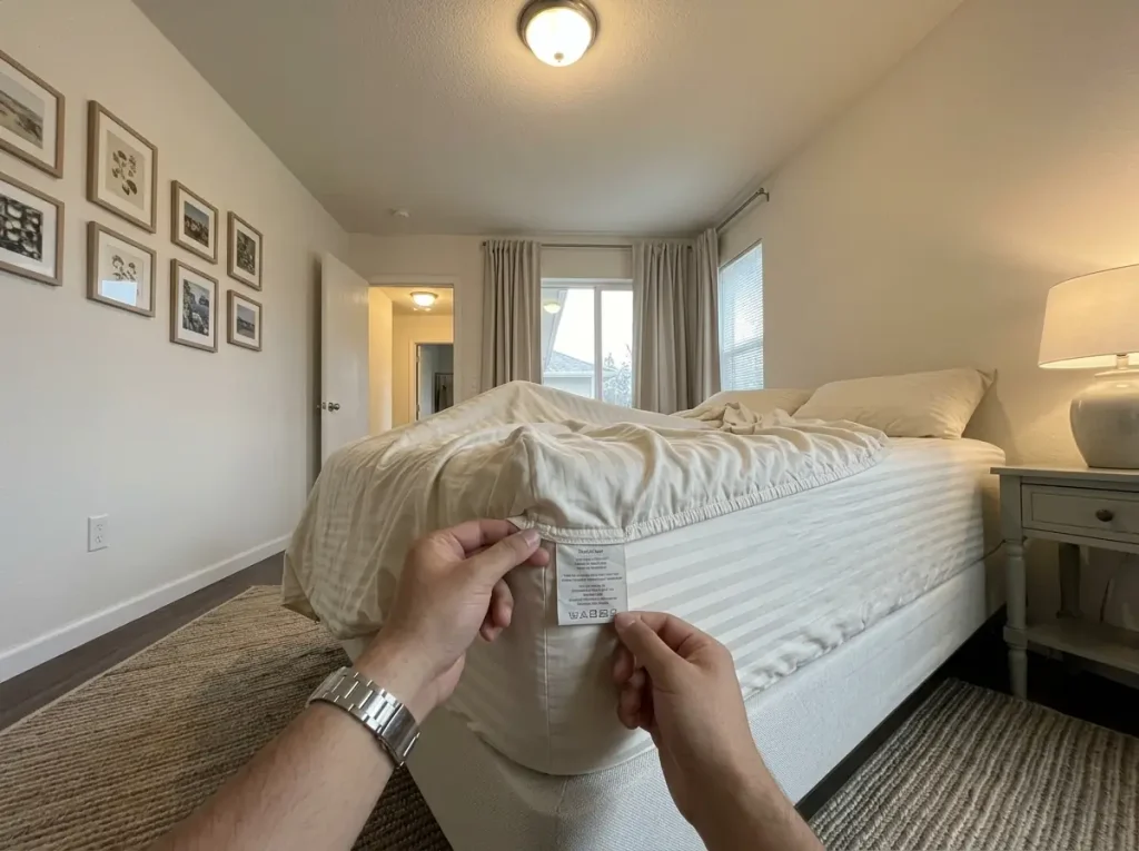 Hands turning back the sewn-in side label of a fitted sheet to read its thread count and fiber content
