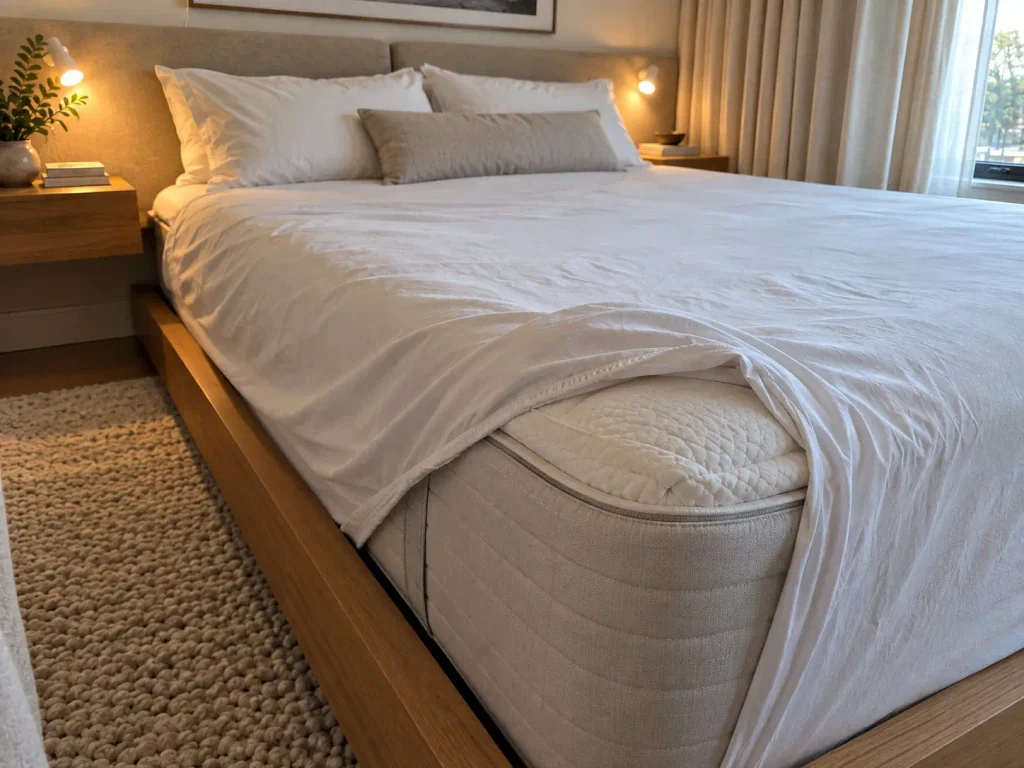 A fitted sheet corner lifted off a tall mattress with a topper, showing the pocket falling short