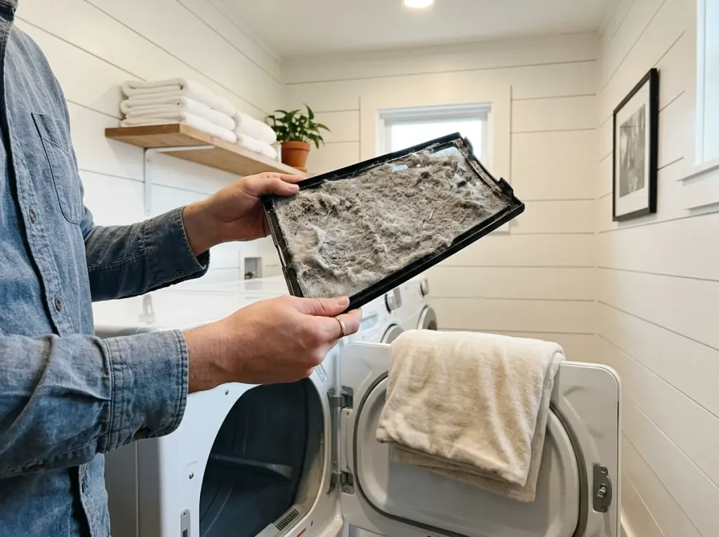 A dryer lint screen thick with flannel fibre held up beside a folded flannel sheet