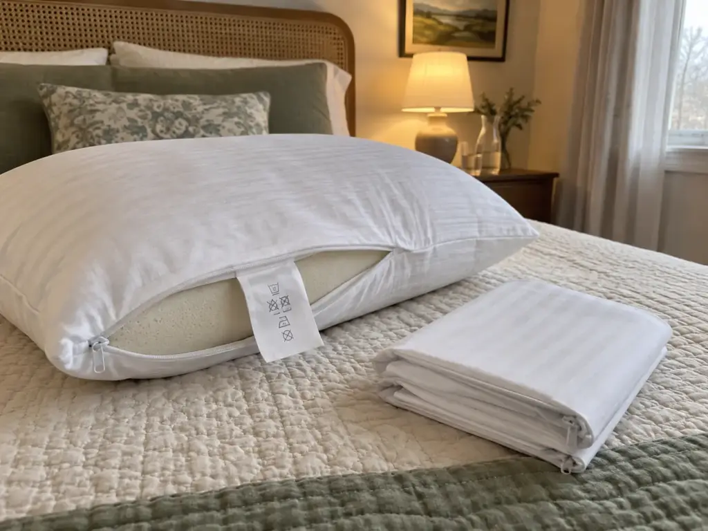 A memory foam pillow on a bed with its care label turned out, a cotton pillow protector folded beside it