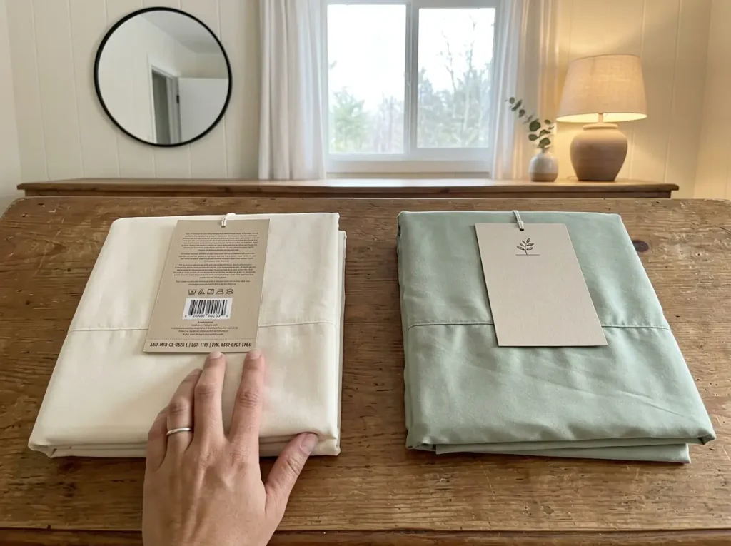 Two folded sheet packages side by side on a dresser, one tag with a printed number, one without