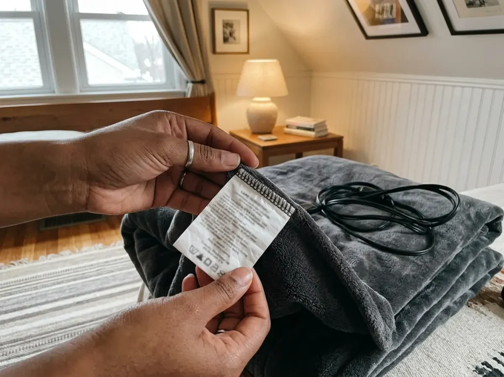Hands turning a heated blanket's sewn care tag toward the lamp on a nightstand