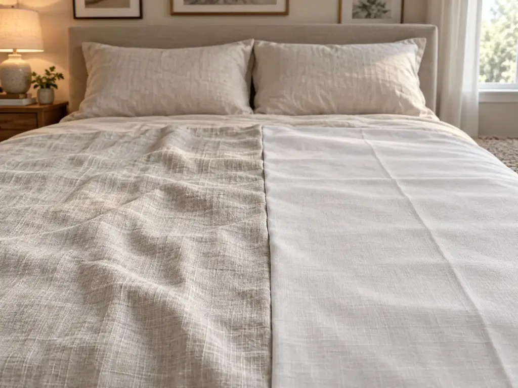 Washed linen and cotton percale laid side by side across a bed to compare weave and drape