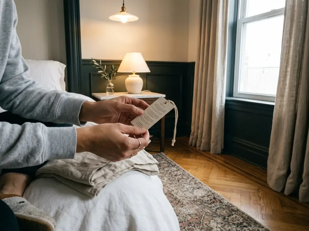 A linen sheet set's paper hangtag turned over and read at the edge of the bed