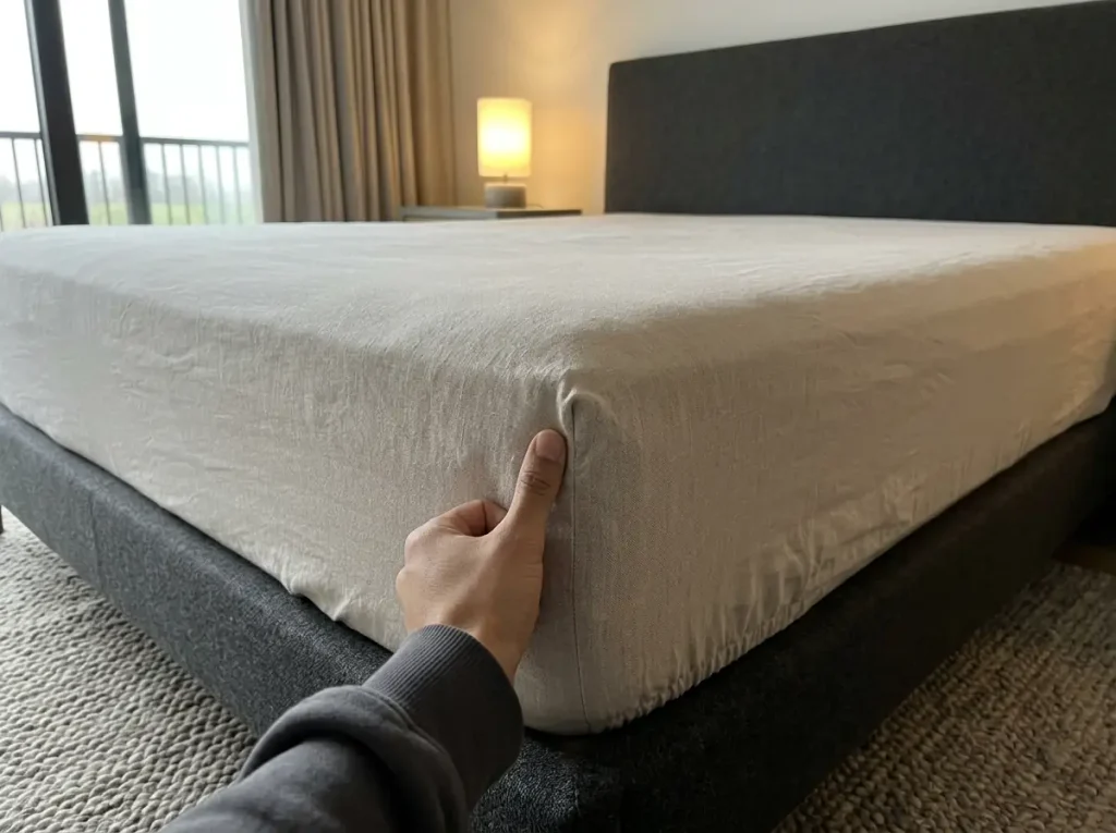 The corner of a linen fitted sheet stretched over a tall mattress, elastic hem gripping underneath