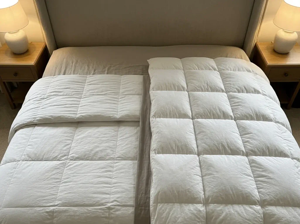 Two duvets of different lofts overlapped on a linen sheet, seen from directly above
