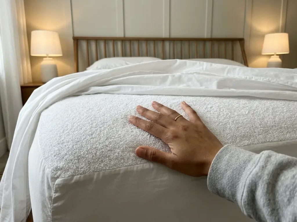 A hand flat on a cotton terry mattress protector with the fitted sheet peeled back at the corner