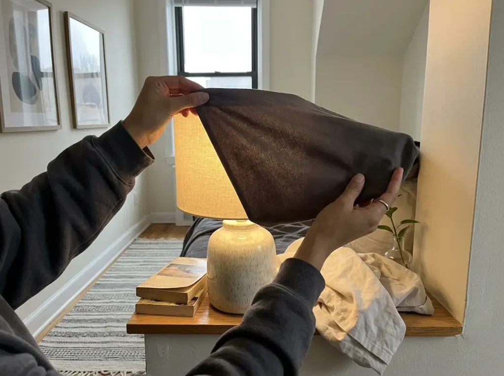 A microfiber sheet corner held against a lit lamp shade, almost no light passing through the weave