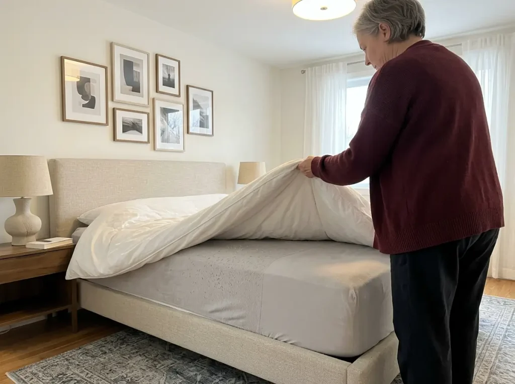 A woman folding the duvet back to check pilling on the middle third of a microfiber fitted sheet