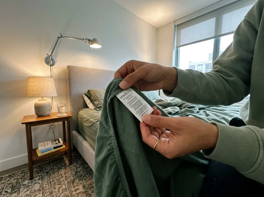 Hands turning the sewn-in care and certification label of a microfiber fitted sheet toward a lamp