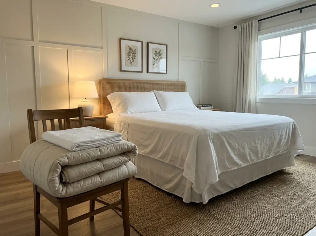 A comforter and a mattress protector folded over a wooden chair with the stripped-back bed behind