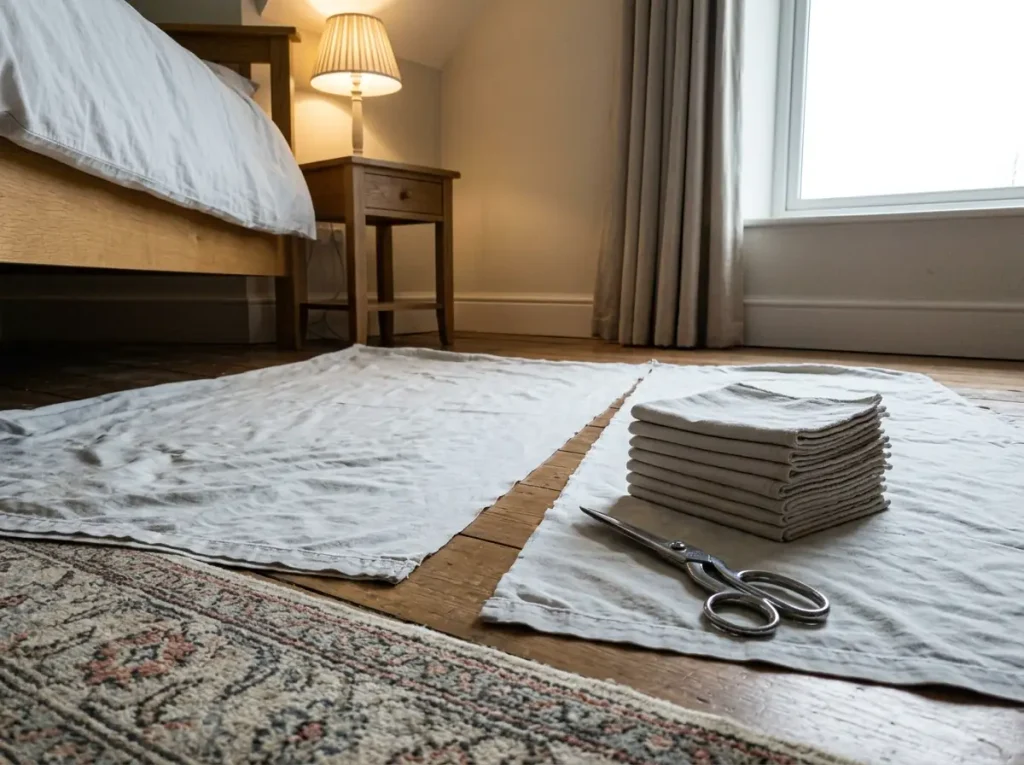 An old cotton sheet part-way cut into rags, the cut edges clean along the grain beside folded finished cloths